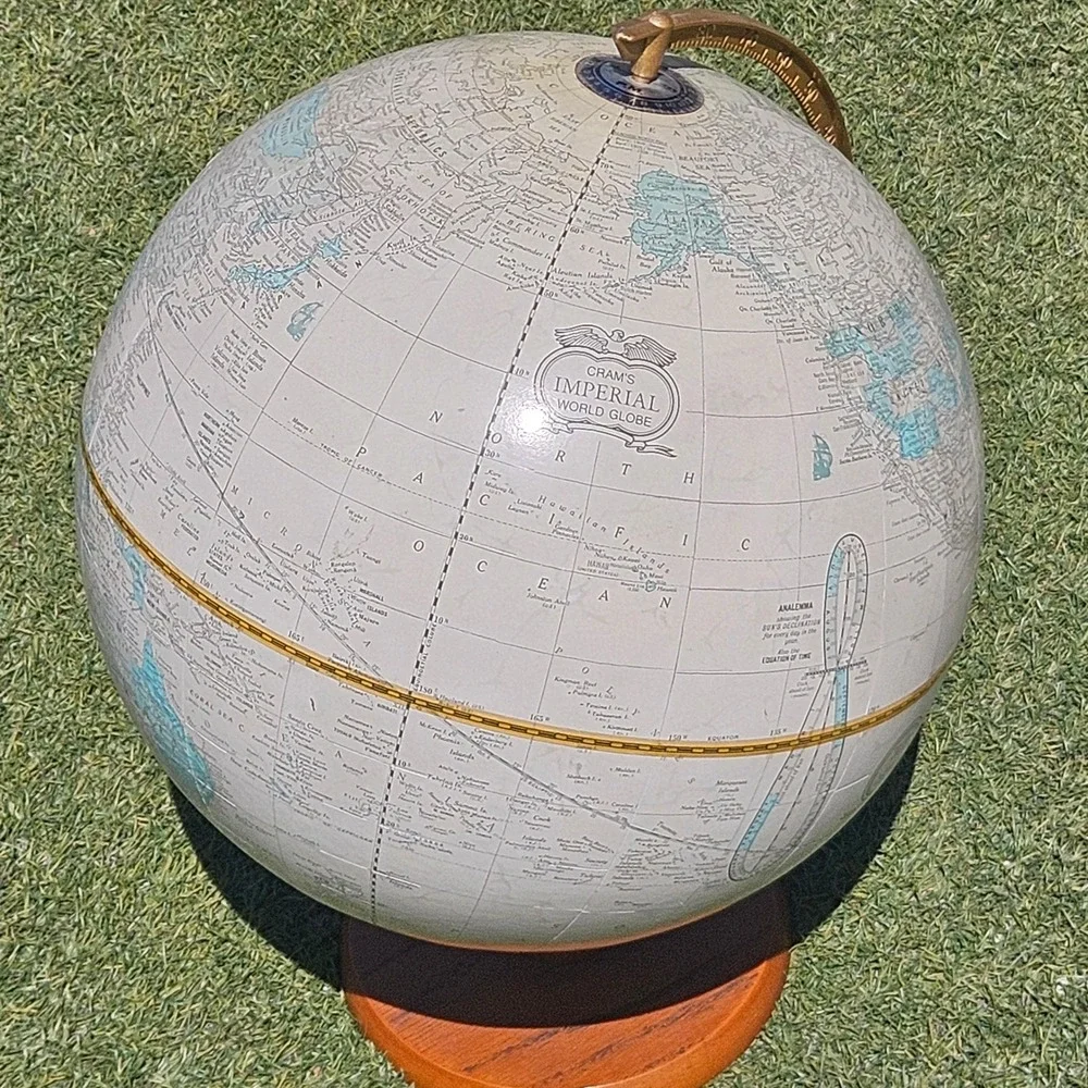 Crams Imperial World Globe Vintage Cream Map Wood Base Brass Meridian USA - Picture 3 of 8